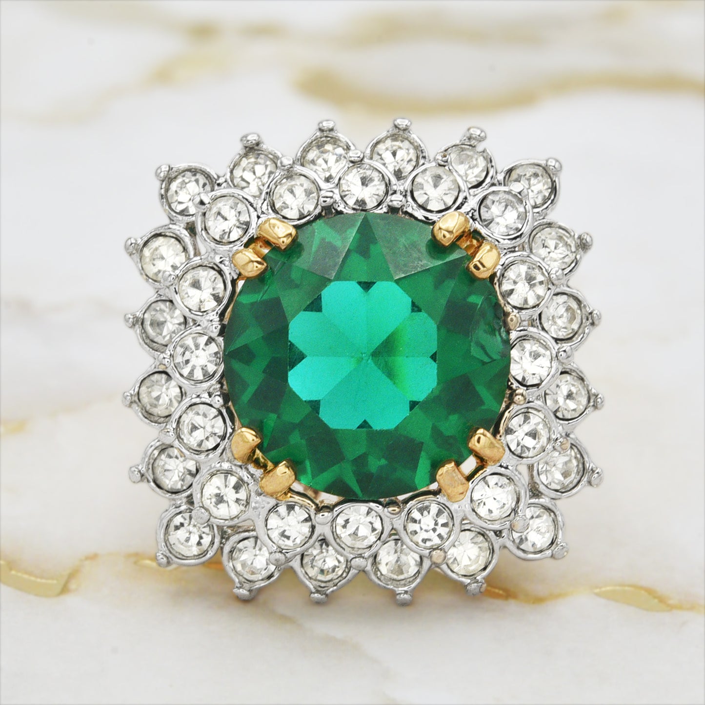 Vintage Austrian Crystal Women's Statement Cocktail Ring 18k Yellow Gold Electroplated Made in the USA