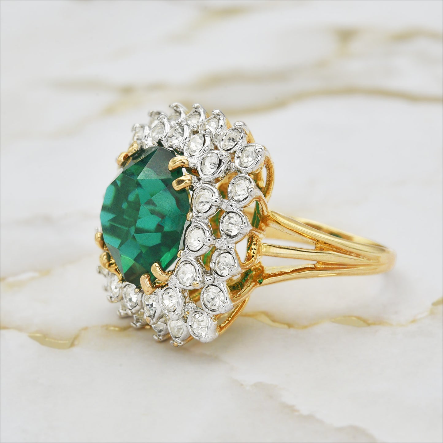 Vintage Austrian Crystal Women's Statement Cocktail Ring 18k Yellow Gold Electroplated Made in the USA