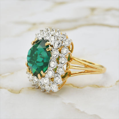 Vintage Austrian Crystal Women's Statement Cocktail Ring 18k Yellow Gold Electroplated Made in the USA