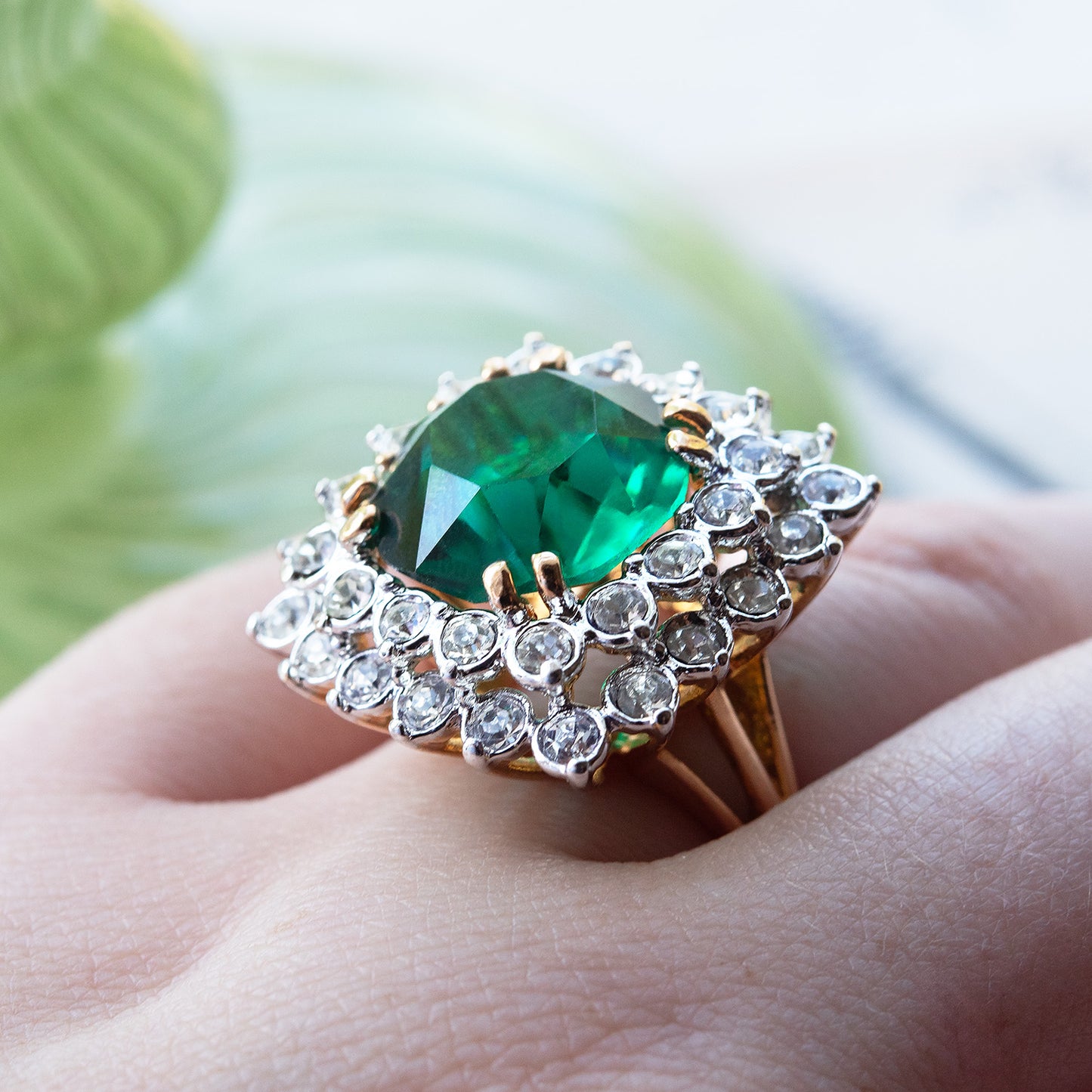 Vintage Austrian Crystal Women's Statement Cocktail Ring 18k Yellow Gold Electroplated Made in the USA