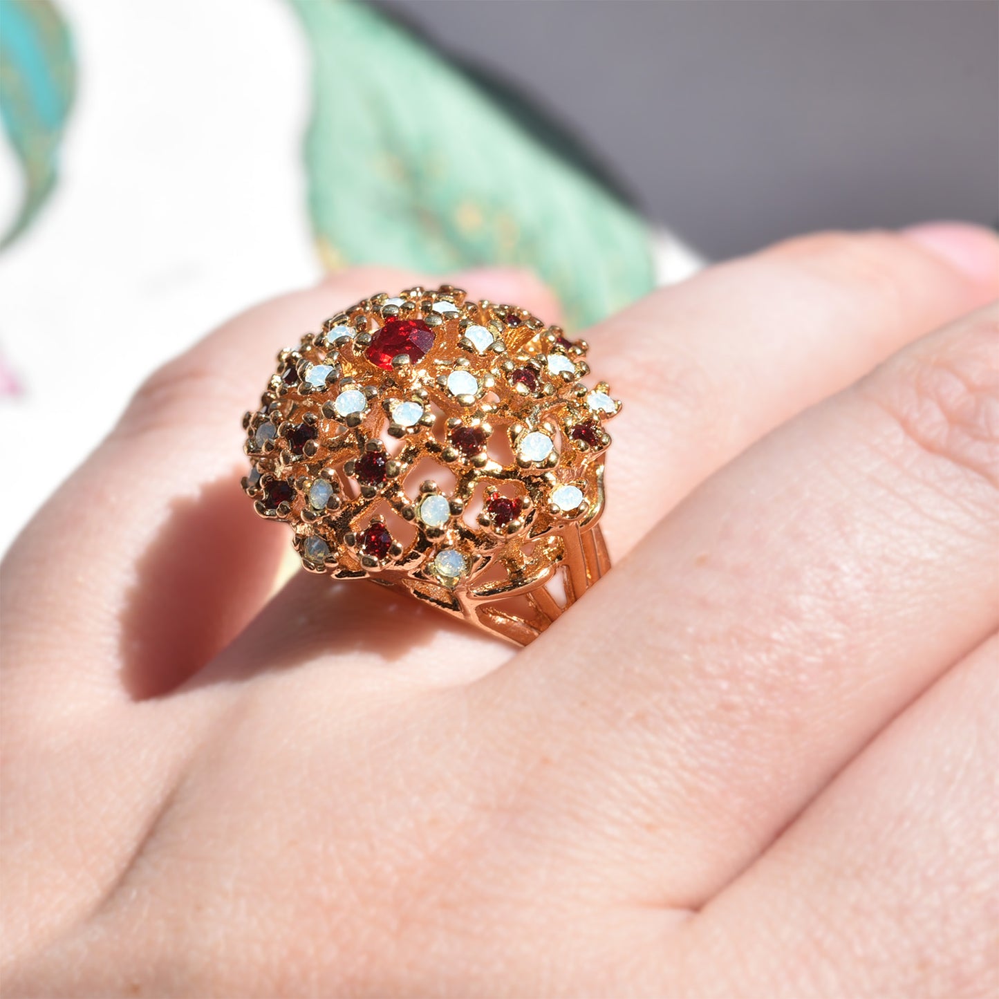 Vintage Ring Genuine Opals and Crystals 18k Gold Electroplated Statement Rings