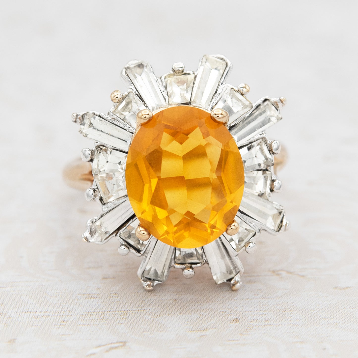 Vintage Austrian Crystal 18k Yellow Gold Electroplated Womens Antique Cocktail Ring Made in USA