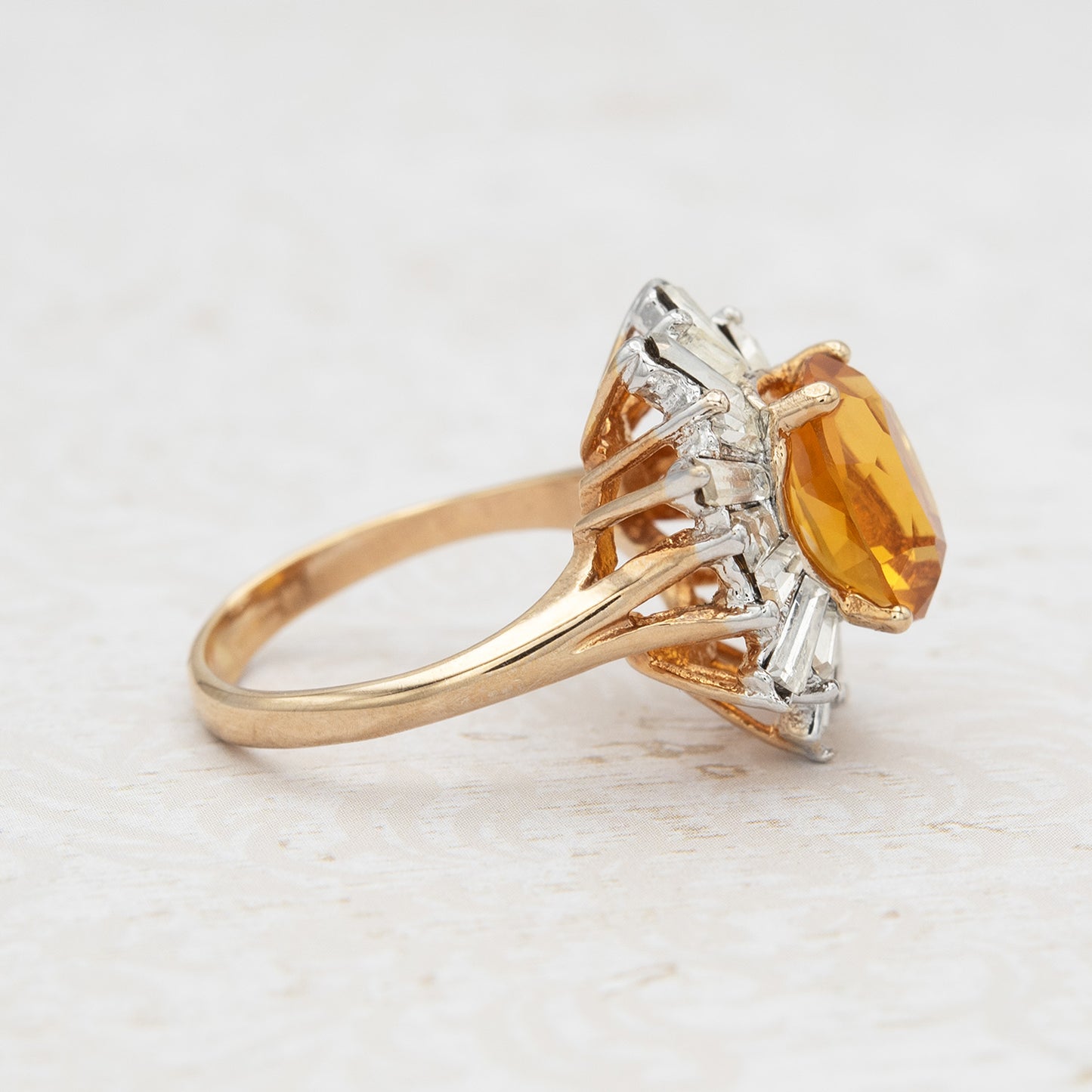 Vintage Austrian Crystal 18k Yellow Gold Electroplated Womens Antique Cocktail Ring Made in USA