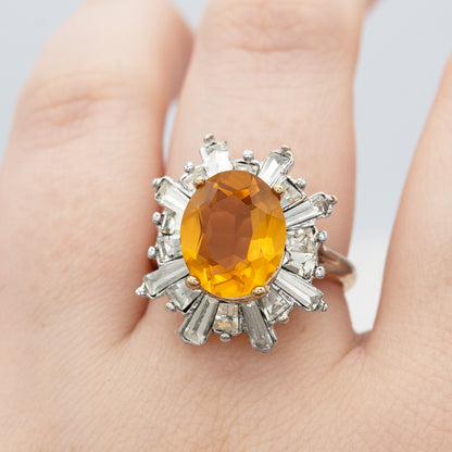 Vintage Austrian Crystal 18k Yellow Gold Electroplated Womens Antique Cocktail Ring Made in USA