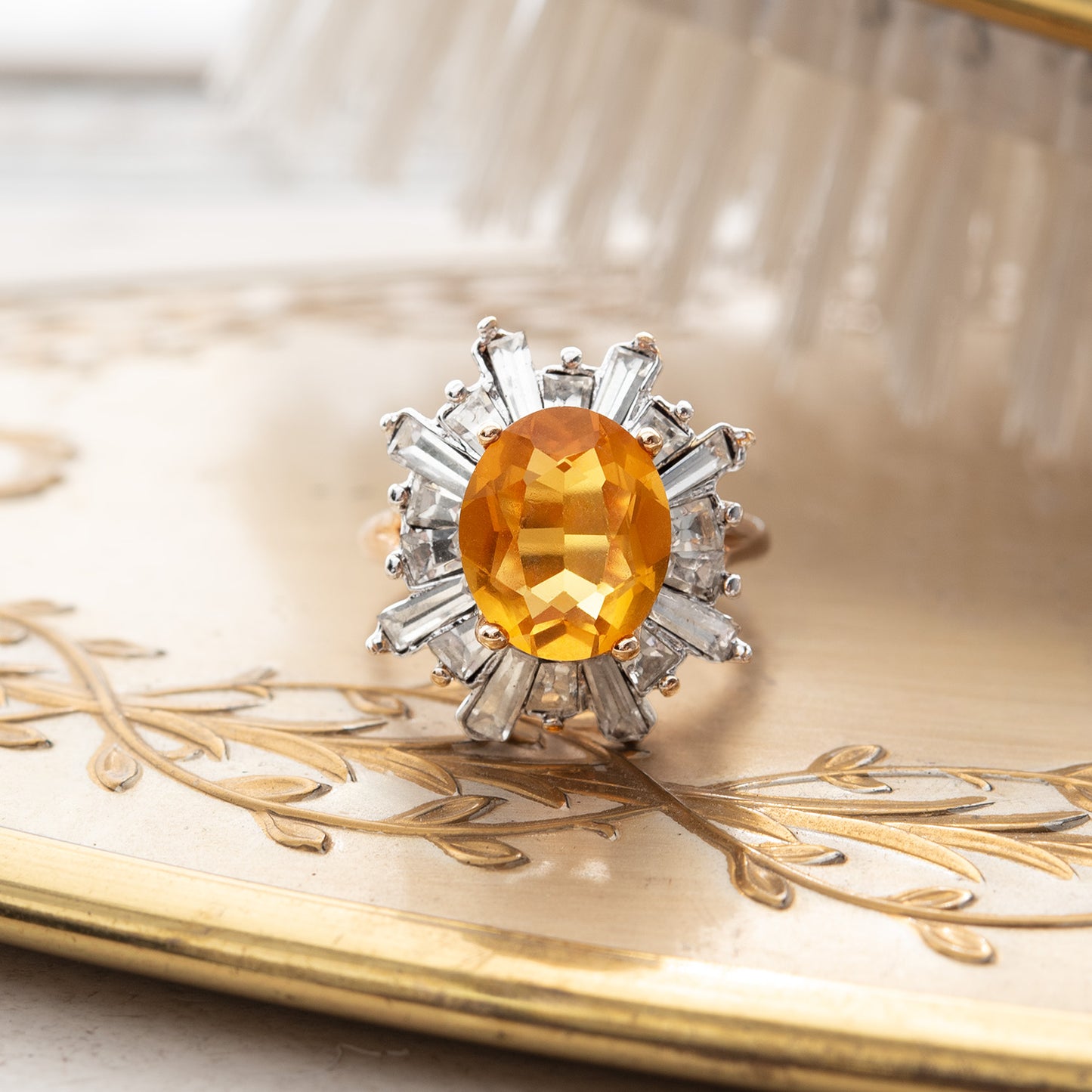 Vintage Austrian Crystal 18k Yellow Gold Electroplated Womens Antique Cocktail Ring Made in USA