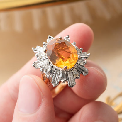 Vintage Austrian Crystal 18k Yellow Gold Electroplated Womens Antique Cocktail Ring Made in USA