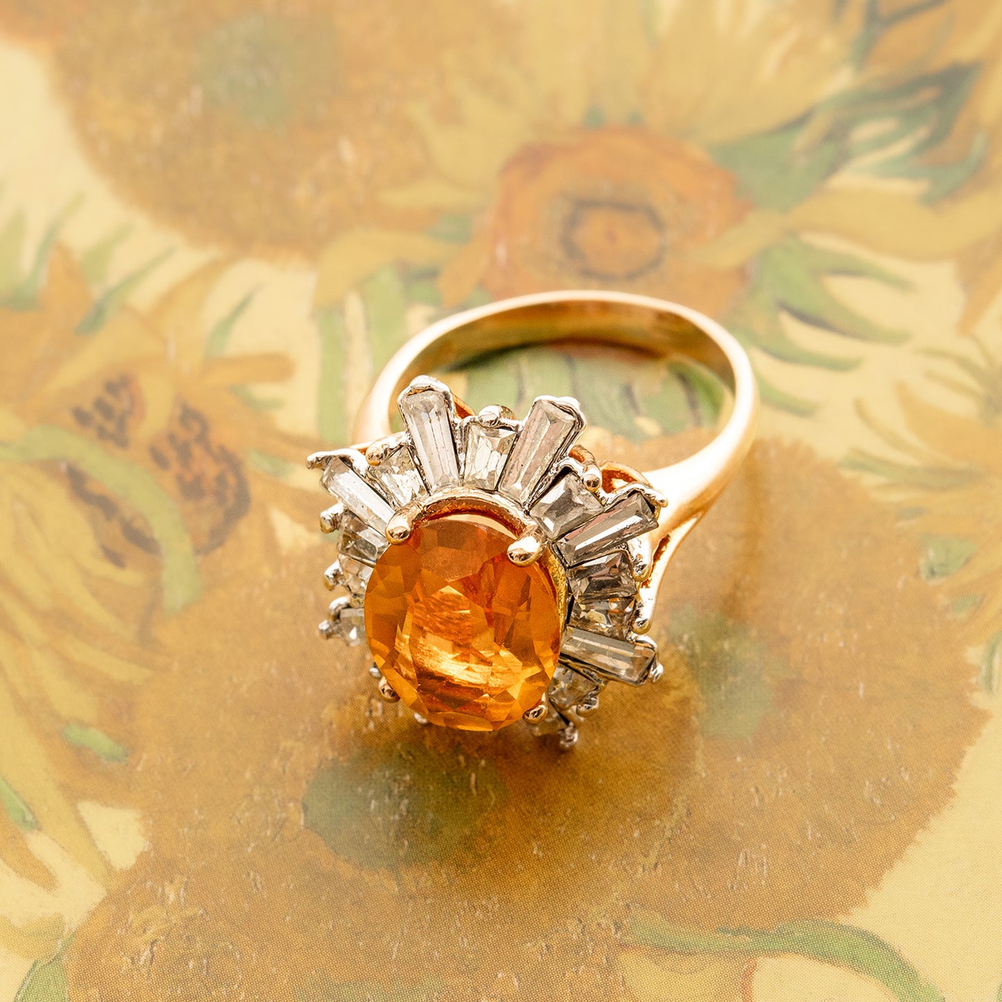 Vintage Austrian Crystal 18k Yellow Gold Electroplated Womens Antique Cocktail Ring Made in USA