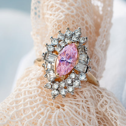 Vintage 1970's Austrian Crystals 18k White Gold Electroplated Ring Made in USA