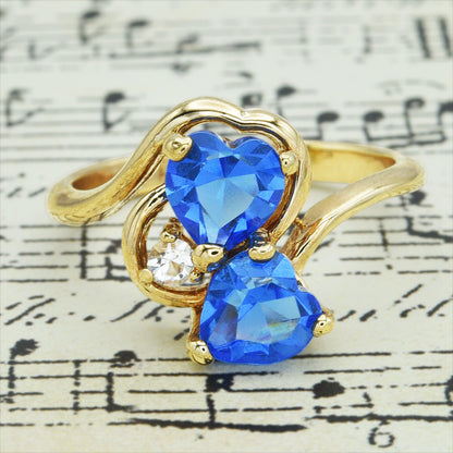 Vintage Ring Cubic Zirconia Double Heart Ring 18k Gold Antique Womans Handmade Jewelry R2342