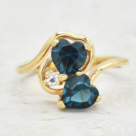 Vintage Ring Cubic Zirconia Double Heart Ring 18k Gold Antique Womans Handmade Jewelry R2342