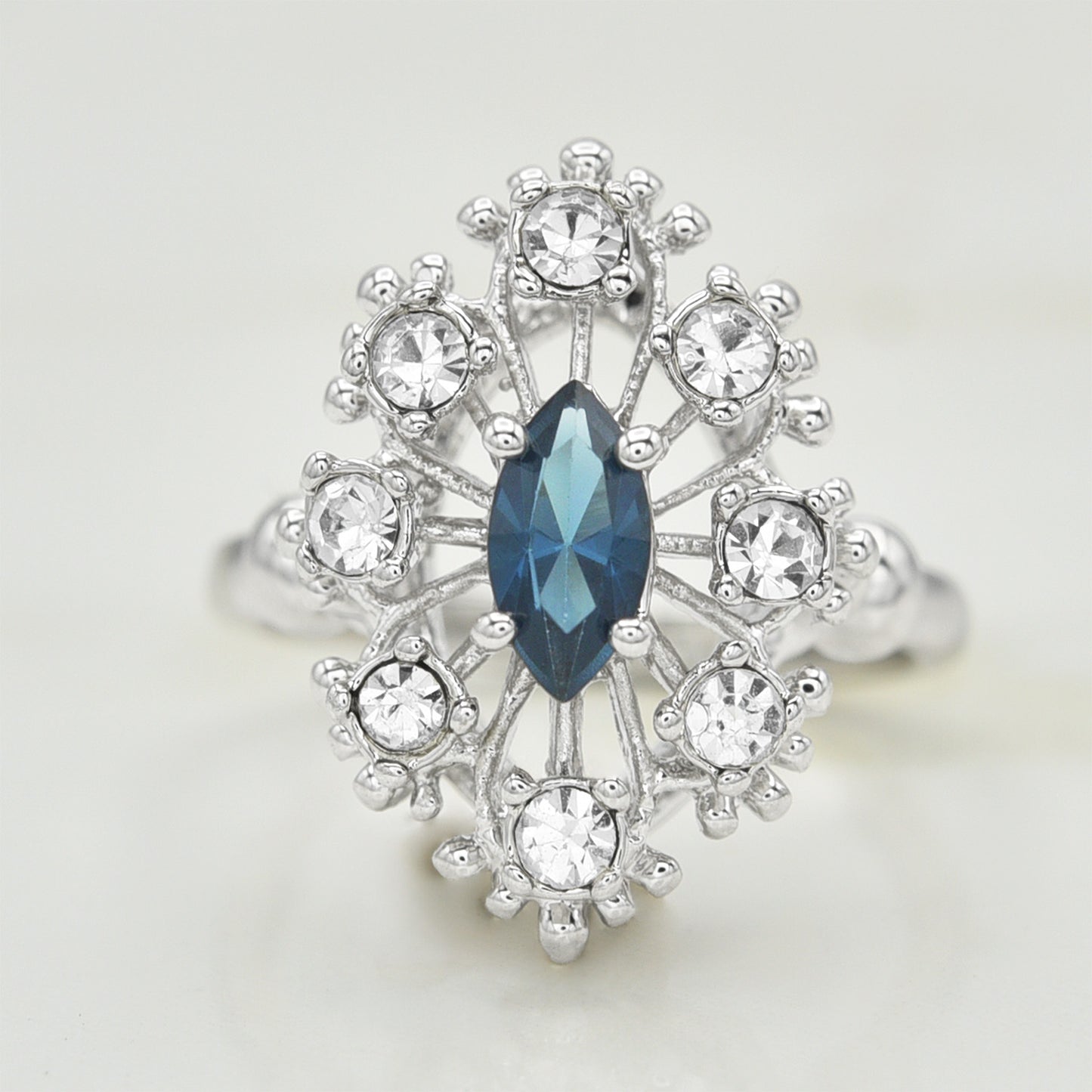 Vintage Ring Marquise Cut Center Crystal Surrounded by Pinfire Opals or Clear Crystals Cocktail Ring Antique 18k Gold  R250