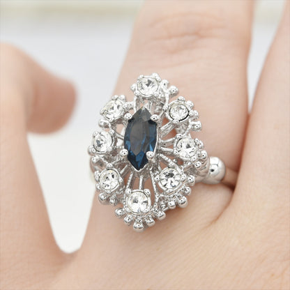 Vintage Ring Marquise Cut Center Crystal Surrounded by Pinfire Opals or Clear Crystals Cocktail Ring Antique 18k Gold  R250