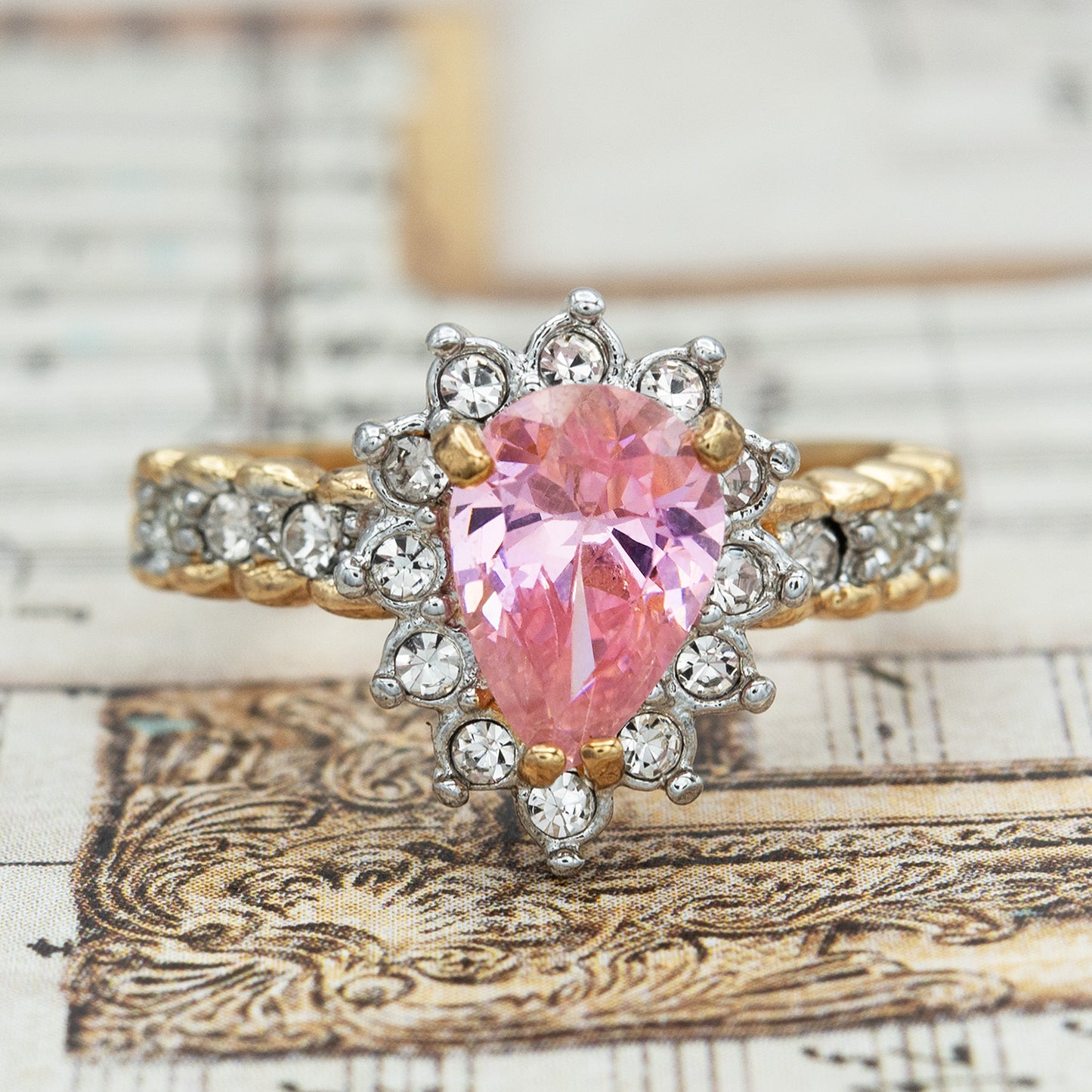 Vintage 18k Gold Electroplated Ring:Cubic Zirconia and Crystal, 1990s Jewelry