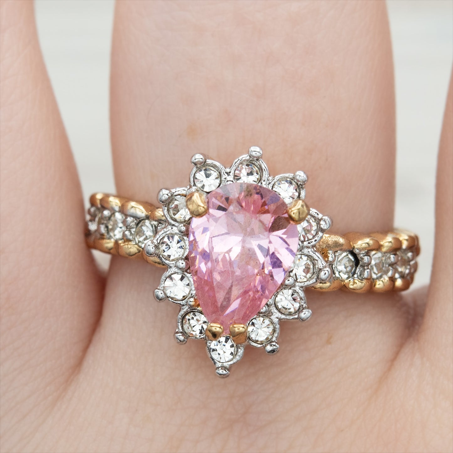 Vintage 18k Gold Electroplated Ring:Cubic Zirconia and Crystal, 1990s Jewelry