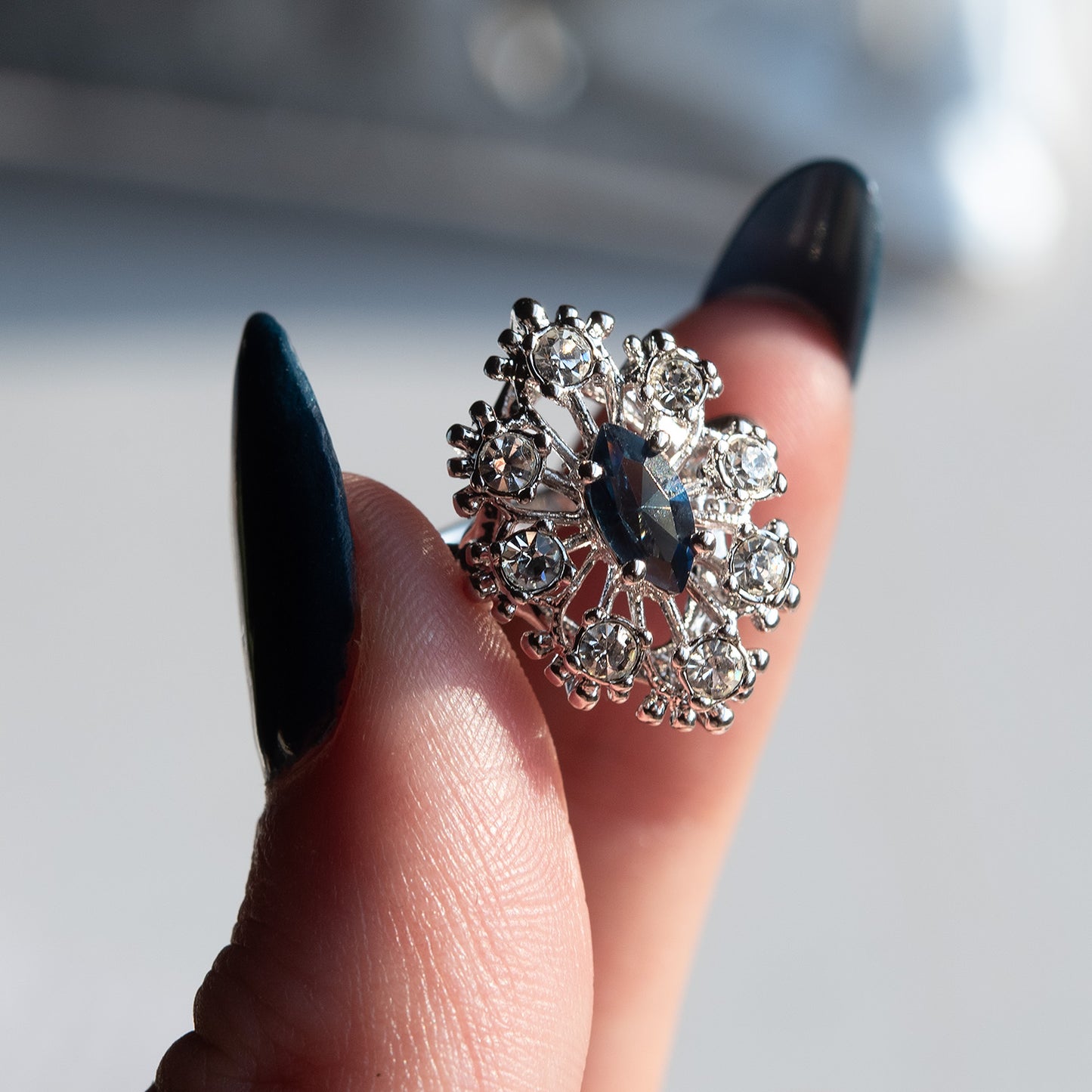 Vintage Ring Marquise Cut Center Crystal Surrounded by Pinfire Opals or Clear Crystals Cocktail Ring Antique 18k Gold  R250