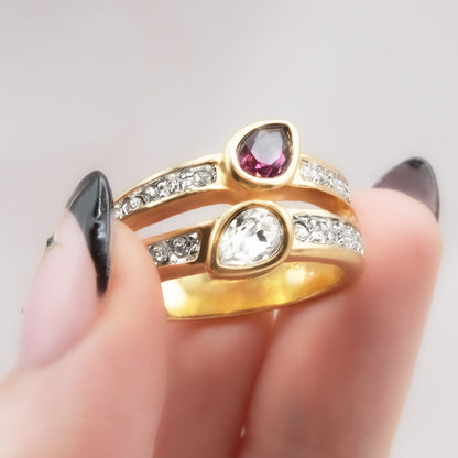 Vintage Women's Ring Black or Amethyst and Clear Crystal Cocktail Ring 18k Gold Electroplated