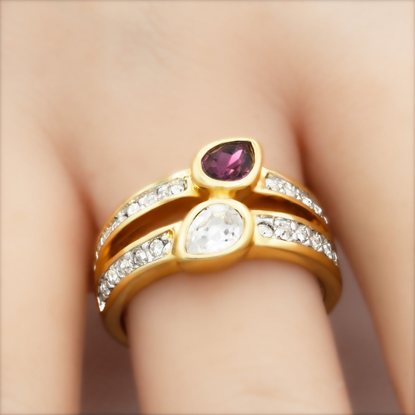 Vintage Women's Ring Black or Amethyst and Clear Crystal Cocktail Ring 18k Gold Electroplated