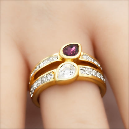 Vintage Women's Ring Black or Amethyst and Clear Crystal Cocktail Ring 18k Gold Electroplated