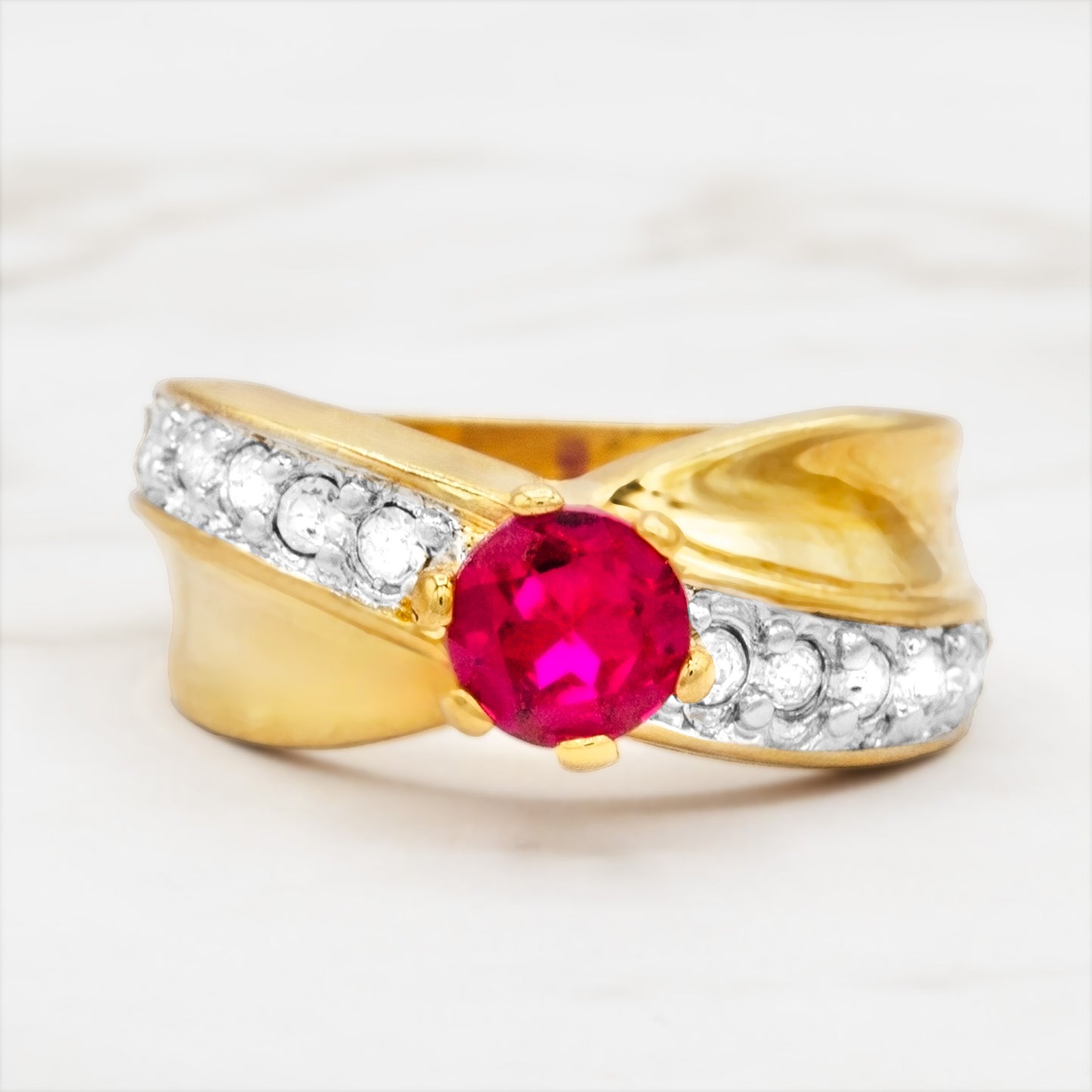 Vintage Ring Cubic Zirconia Solitaire Engagement Style Ring Clear or Ruby 18KT Gold Antique Womans Jewelry