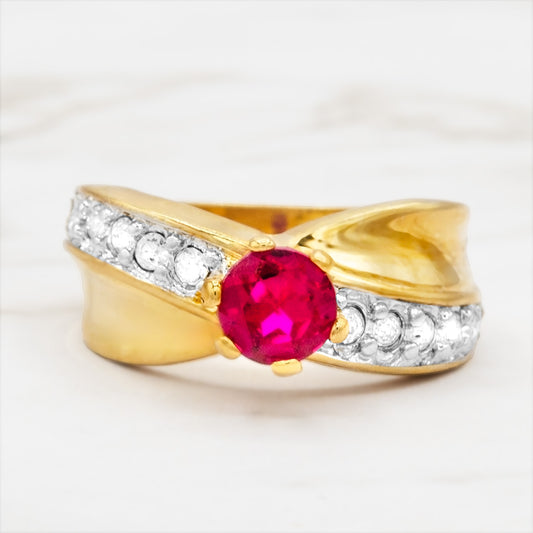 Vintage Ring Cubic Zirconia Solitaire Engagement Style Ring Clear or Ruby 18KT Gold Antique Womans Jewelry