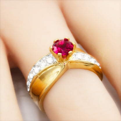 Vintage Ring Cubic Zirconia Solitaire Engagement Style Ring Clear or Ruby 18KT Gold Antique Womans Jewelry