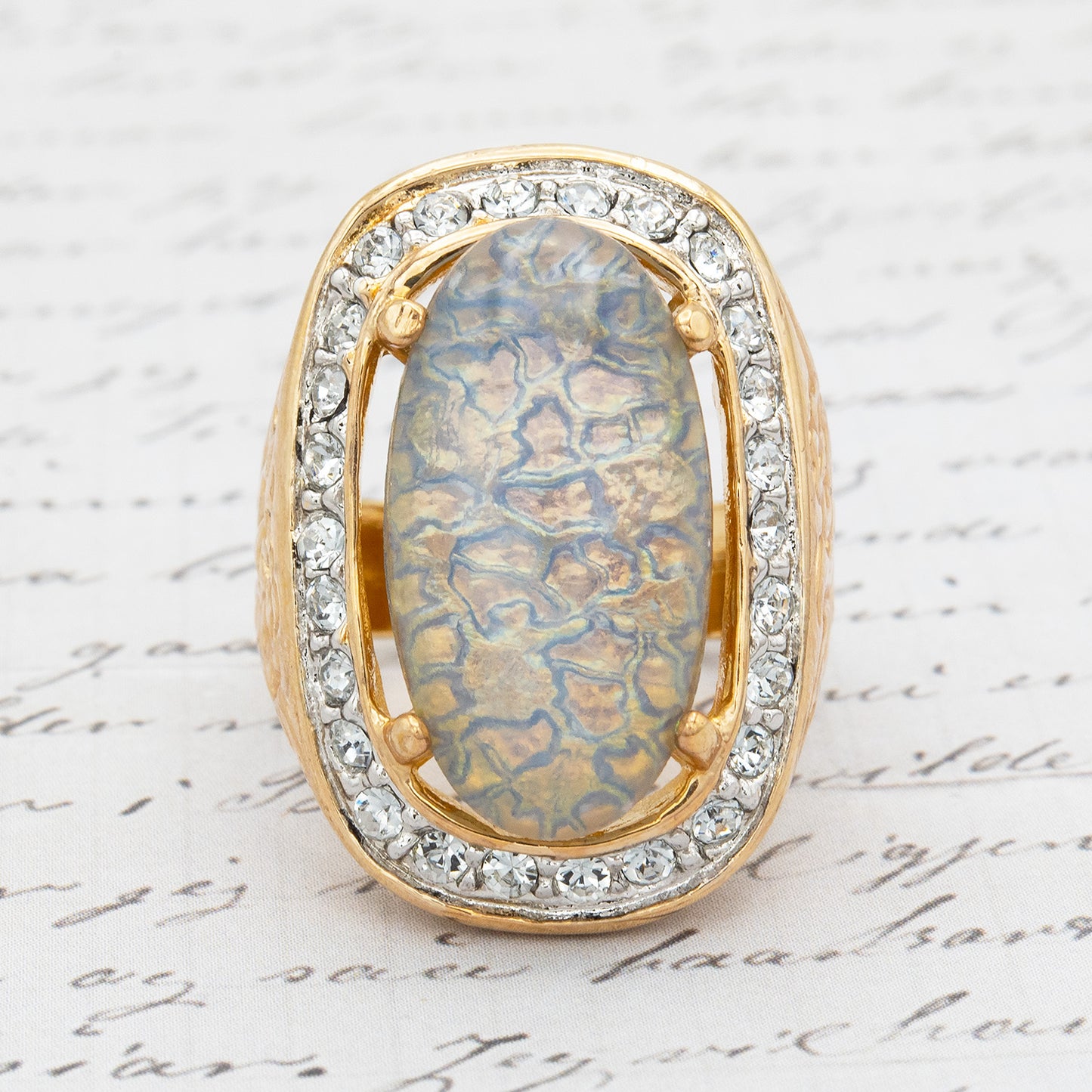 Vintage Ring Antique Rings Large Opal and Clear Austrian Crystals 18kt Gold Cocktail Opals Ring Jewelry