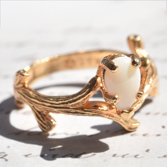 Vintage Ring Pear Shaped Genuine Opal, Jade, or Cubic Zirconia 18k Gold Twig Style Engagement Ring
