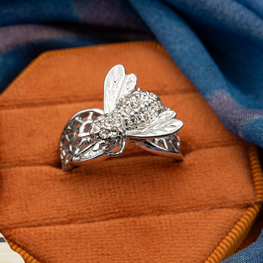 Vintage Bee Ring Austrian Crystals 18kt Gold Insect Womans Jewelry Handmade