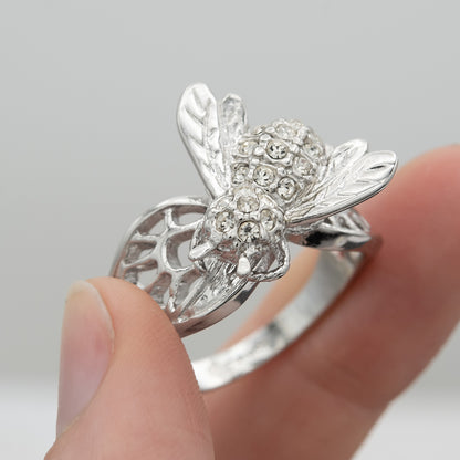 Vintage Bee Ring Austrian Crystals 18kt Gold Insect Womans Jewelry Handmade