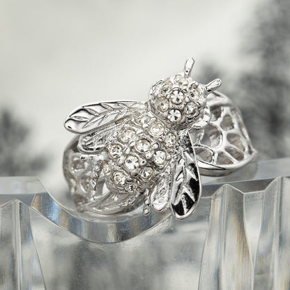 Vintage Bee Ring Austrian Crystals 18kt Gold Insect Womans Jewelry Handmade