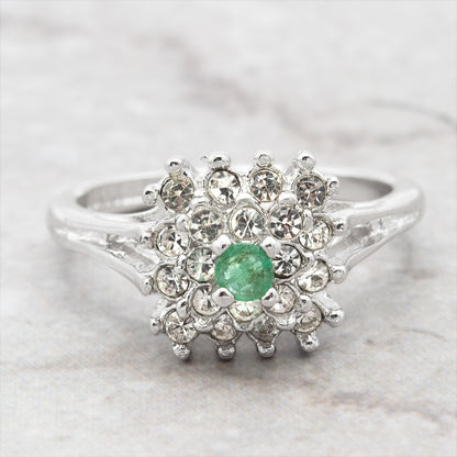 Vintage Clear Austrian Crystal Burst Ring 18kt White Gold Electroplated Made in USA