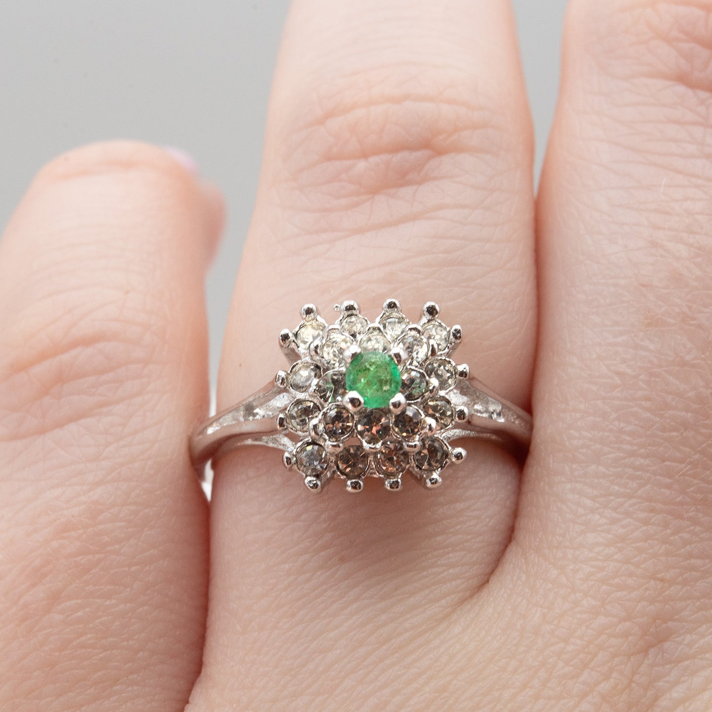 Vintage Clear Austrian Crystal Burst Ring 18kt White Gold Electroplated Made in USA