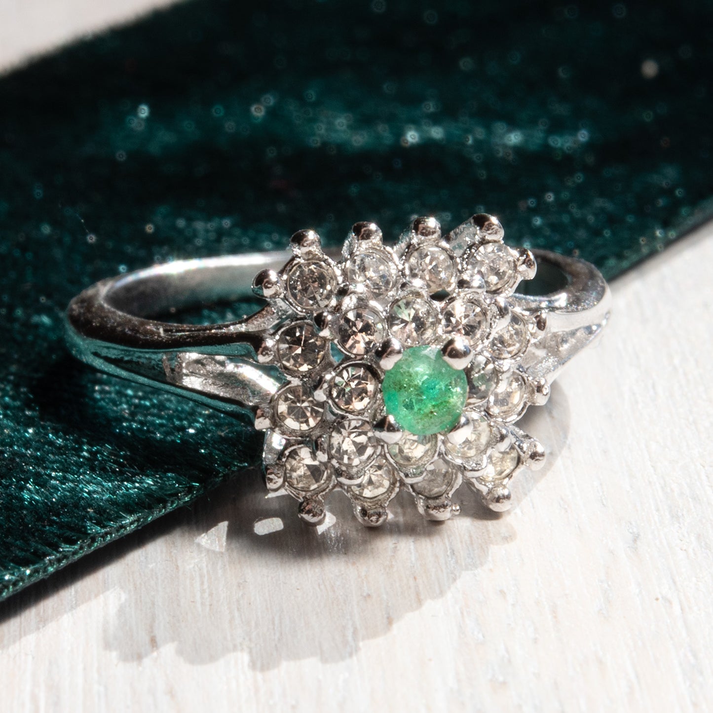 Vintage Clear Austrian Crystal Burst Ring 18kt White Gold Electroplated Made in USA