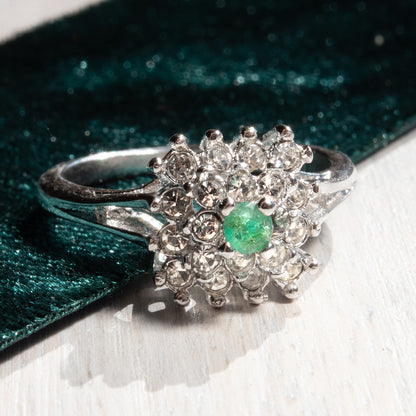 Vintage Clear Austrian Crystal Burst Ring 18kt White Gold Electroplated Made in USA