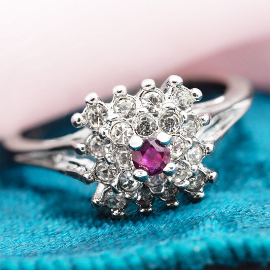 Vintage Clear Austrian Crystal Burst Ring 18kt White Gold Electroplated Made in USA