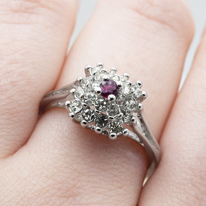 Vintage Clear Austrian Crystal Burst Ring 18kt White Gold Electroplated Made in USA