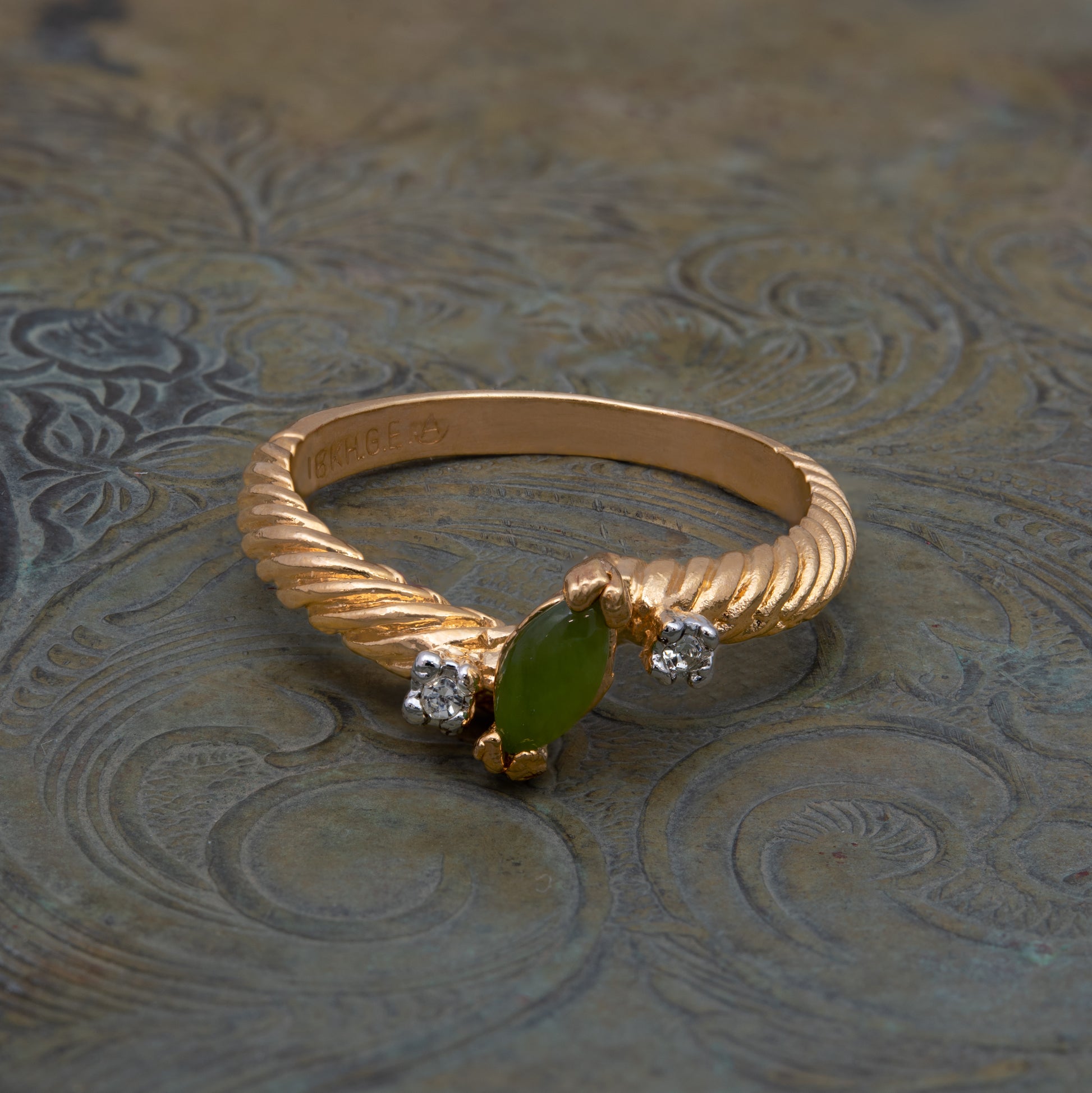 Vintage Ring Dainty Genuine Jade and Austrian Crystals Ring