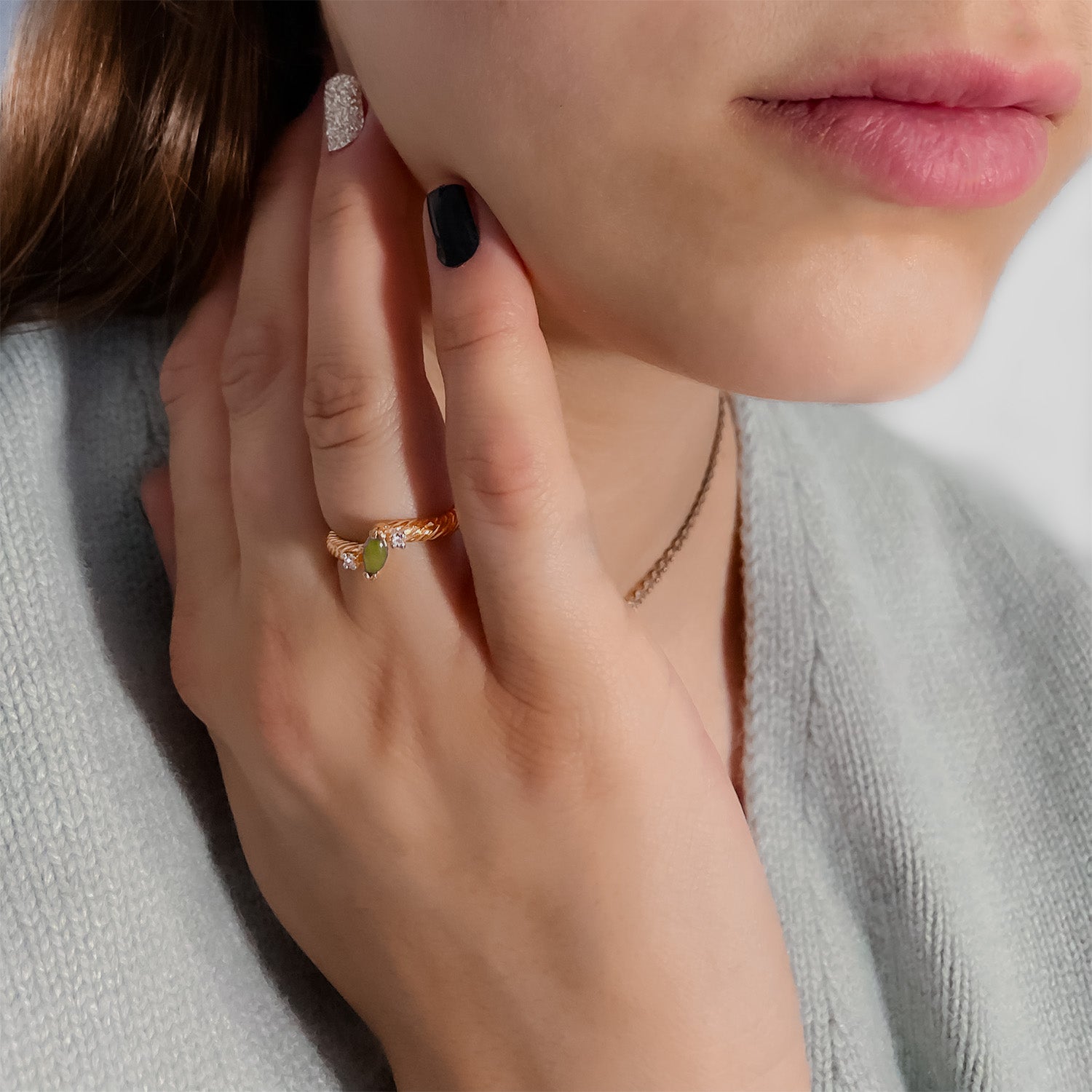Vintage Ring Dainty Genuine Jade and Austrian Crystals Ring