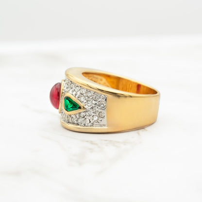 Vintage Ring Multi Colored Austrian Crystals 18k Gold Electroplated 1970s Era