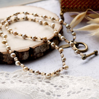 Vintage Oscar De La Renta 16 Inch MINI Genuine Fresh Water Pearl Necklace Faceted Glass Beads Antique Gold Jewelry for Women Girl Antique