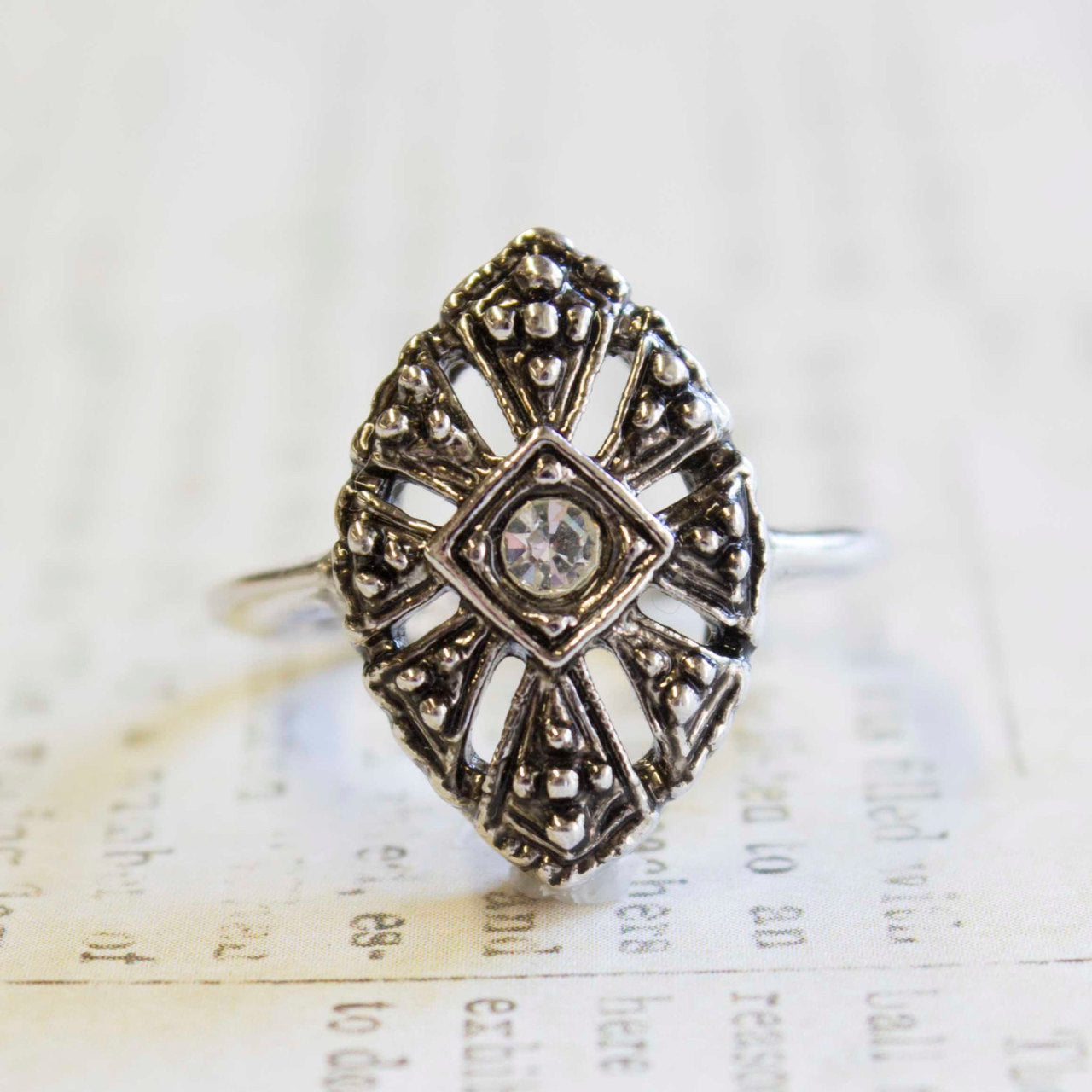 Vintage Antiqued 18k White Gold Ring set with Genuine Clear Austrian Crystal Made In USA