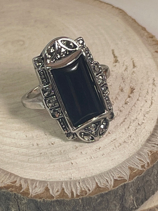 Vintage Ring Genuine Onyx and Marcasite Antiqued 18k White Gold Electroplated Ring for Women #R3837
