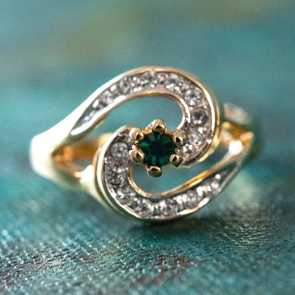 Vintage Emerald Cubic Zirconia 18k Yellow Gold Plated Ring with Clear Austrian Crystals Made in USA