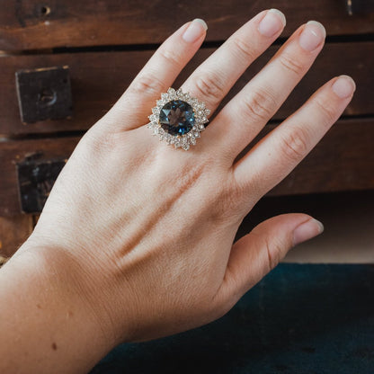 Vintage Ring Sapphire and Clear Austrian Crystals Cluster 18k Yellow Gold Plated Made in USA