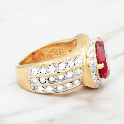 Vintage Ring 1980s Ring Ruby and Clear Austrian Crystals 18k Gold Electroplated Womens Statement Ring