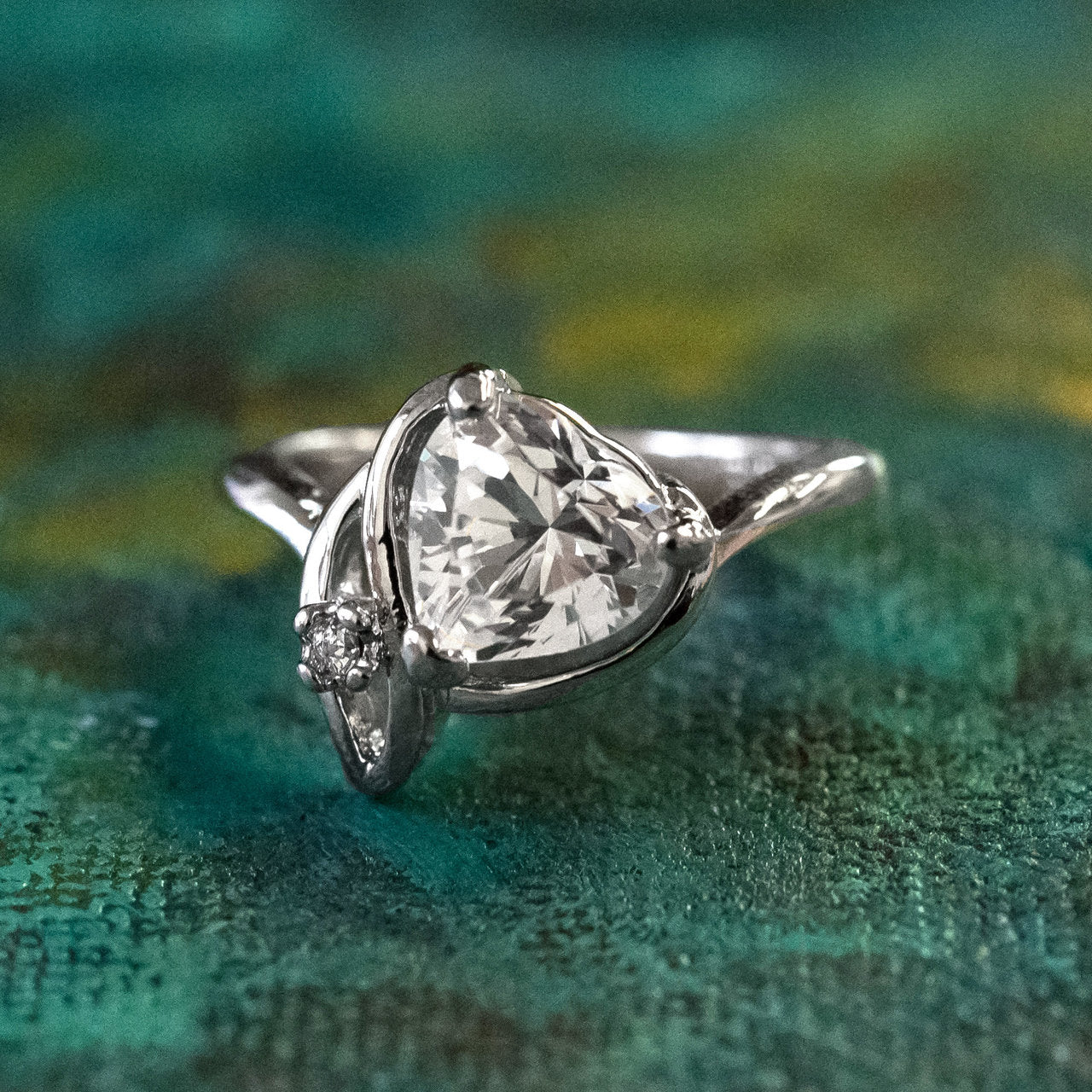Vintage Cubic Zirconia Heart Ring 18k White Gold Electroplated Made in USA
