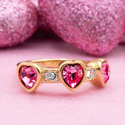 Vintage Ring Pink Crystal Triple Heart Womens Ring 18k Gold Electroplated Stacking Valentine's Day Womans Gifts Antique Jewelry