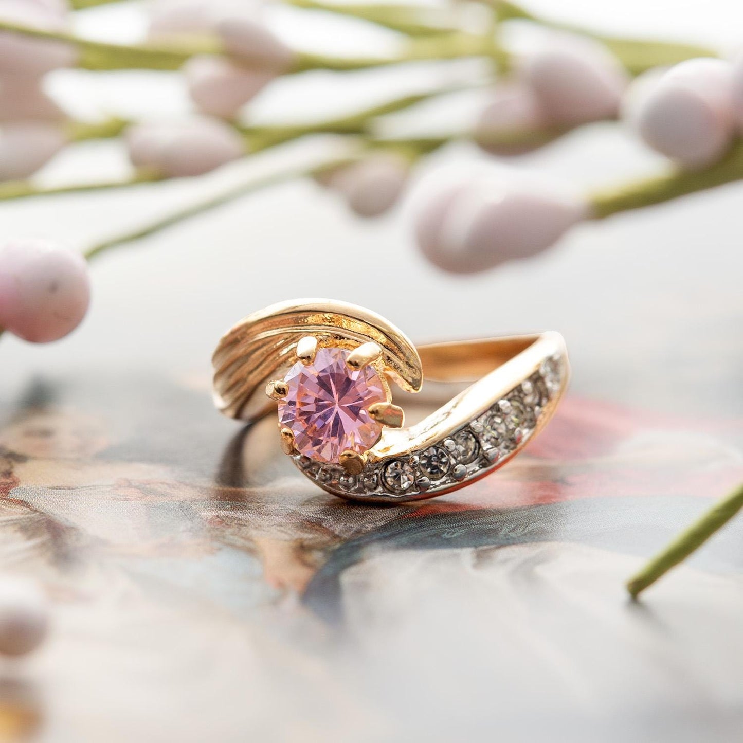 Vintage 18k Gold Electroplated Ring Pink Tourmaline Cubic Zirconia and Crystals Antique Woman Rings October Birhtstone