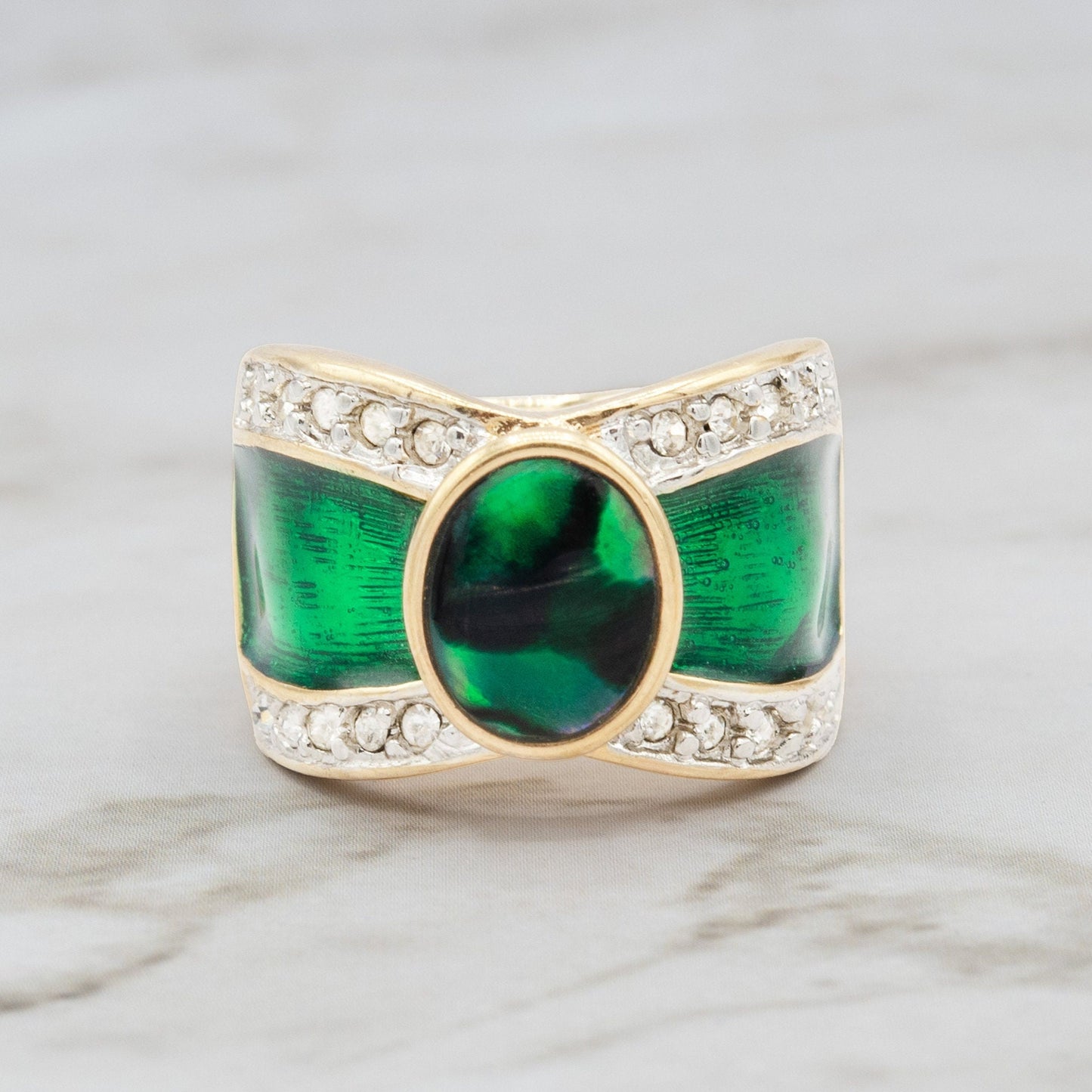 Genuine Green Abalone Stone Ring Vintage 1970s 18k Yellow Gold Plated Clear Austrian Crystals Woman's Handmade / Painted Jewelry Antique