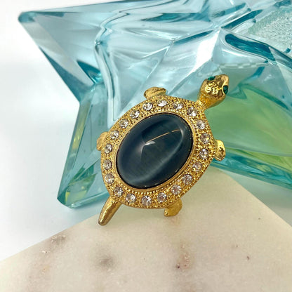 Hand Crafted Turtle Pin Genuine Gray Cat's Eye Surrounded by Clear Austrian Crystals and Emerald Crystal Eyes Antique Brooch for Women